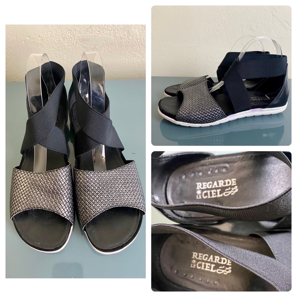 Regarde Le Ciel Black Metallic Silver Cross Strap Comfort Sandals Sz 40 / US 9